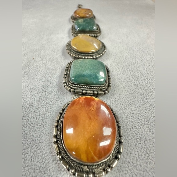 Vintage Artisan Indian Jasper Stone Silver Tone Chunky Boho Earth Tone Bracelet - Picture 3 of 8